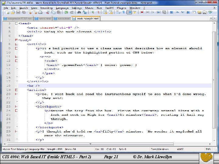 Highlighting Text With The mark Element CIS 4004: Web Based IT (Inside HTML 5