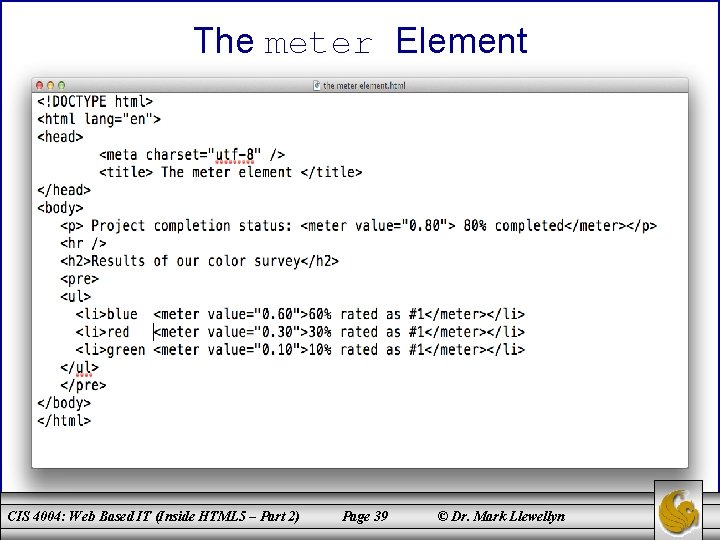 The meter Element CIS 4004: Web Based IT (Inside HTML 5 – Part 2)