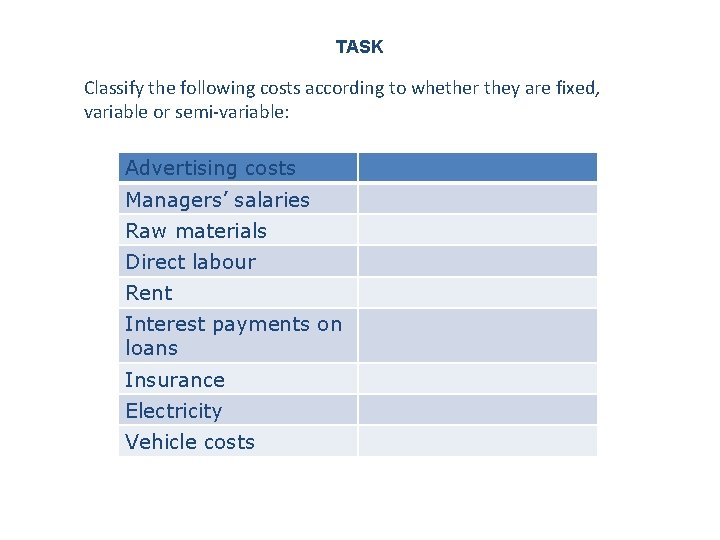 TASK Classify the following costs according to whether they are fixed, variable or semi-variable: