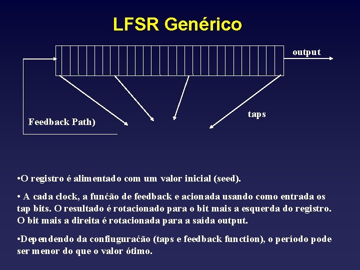 LFSR Genérico output Feedback Path) taps • O registro é alimentado com um valor