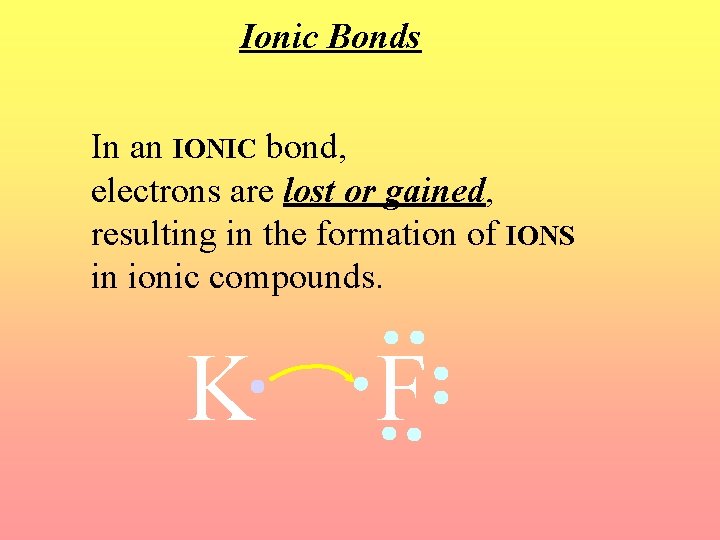Ionic Bonds In an IONIC bond, electrons are lost or gained, resulting in the