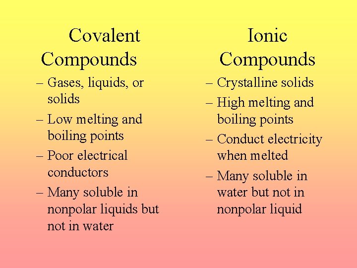 Covalent Compounds – Gases, liquids, or solids – Low melting and boiling points –
