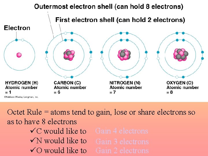 Octet Rule = atoms tend to gain, lose or share electrons so as to