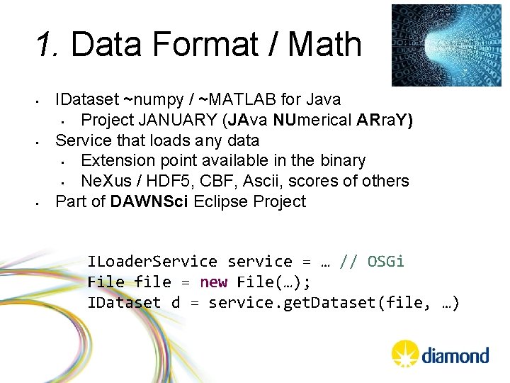 1. Data Format / Math • • • IDataset ~numpy / ~MATLAB for Java