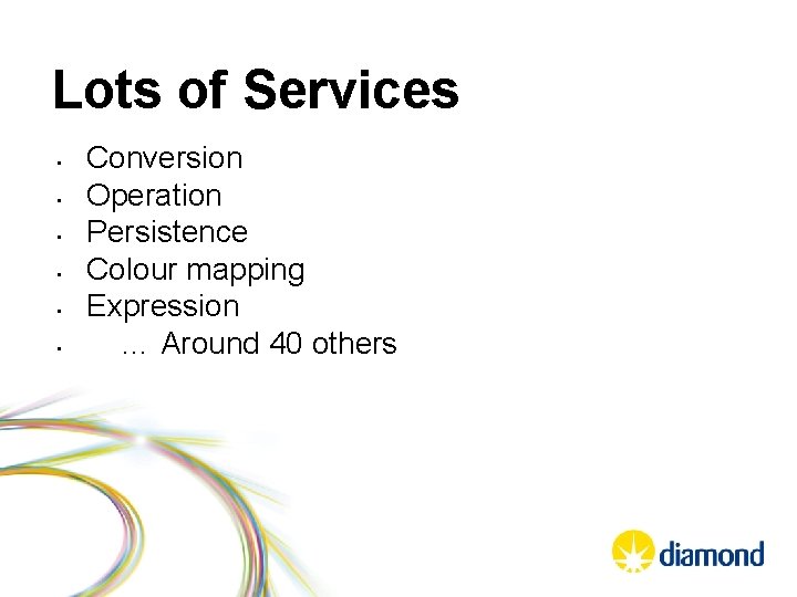 Lots of Services • • • Conversion Operation Persistence Colour mapping Expression … Around