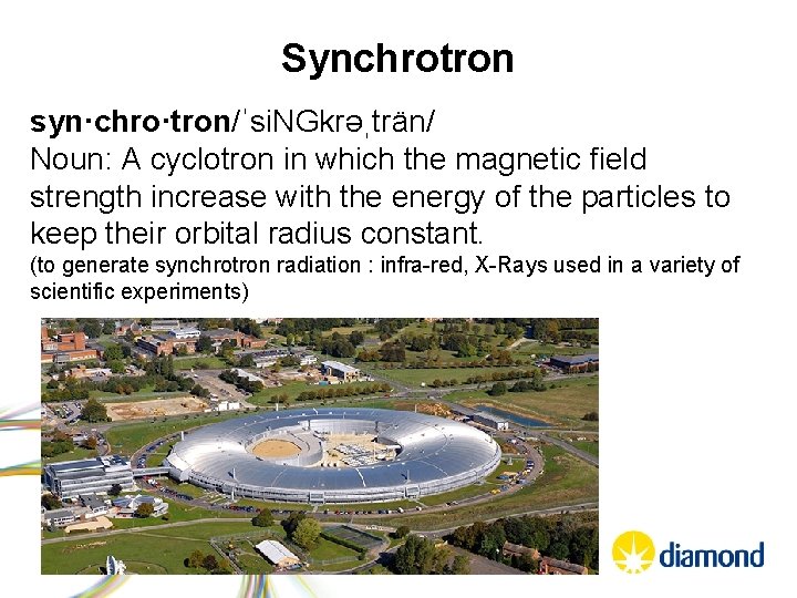 Synchrotron syn·chro·tron/ˈsi. NGkrəˌträn/ Noun: A cyclotron in which the magnetic field strength increase with