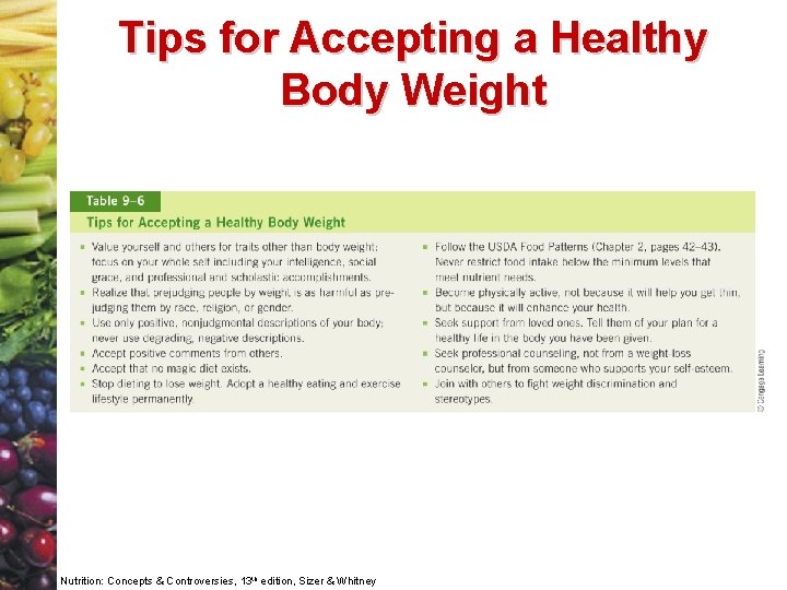 Tips for Accepting a Healthy Body Weight Nutrition: Concepts & Controversies, 13 th edition,