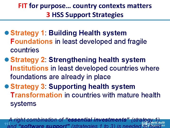 FIT for purpose… country contexts matters 3 HSS Support Strategies l Strategy 1: Building