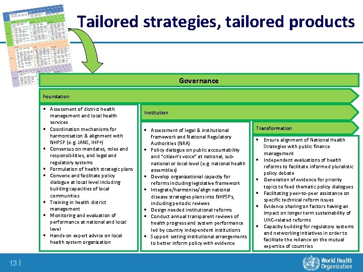 Tailored strategies, tailored products Governance Foundation Assessment of district health management and local health