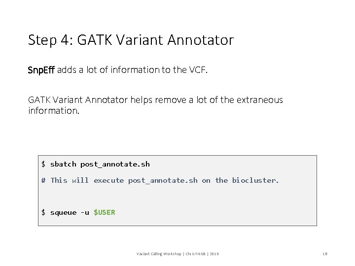 Step 4: GATK Variant Annotator Snp. Eff adds a lot of information to the