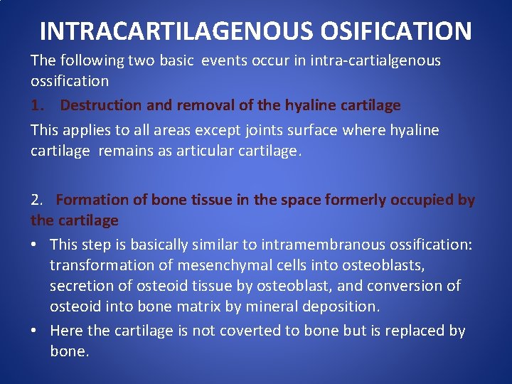 INTRACARTILAGENOUS OSIFICATION The following two basic events occur in intra-cartialgenous ossification 1. Destruction and
