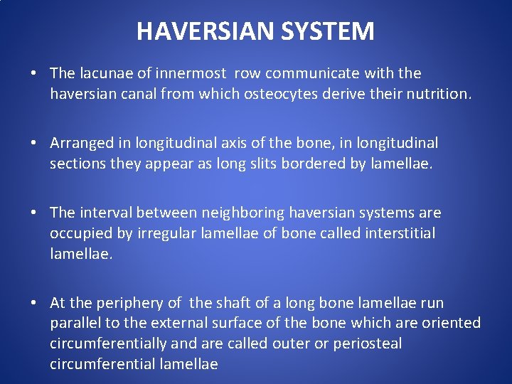 HAVERSIAN SYSTEM • The lacunae of innermost row communicate with the haversian canal from