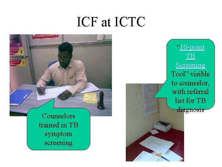 ICF at ICTC Counselors trained in TB symptom screening “ 10 -point TB Screening