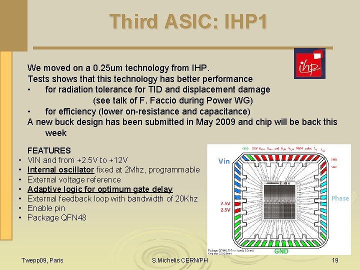 Third ASIC: IHP 1 We moved on a 0. 25 um technology from IHP.
