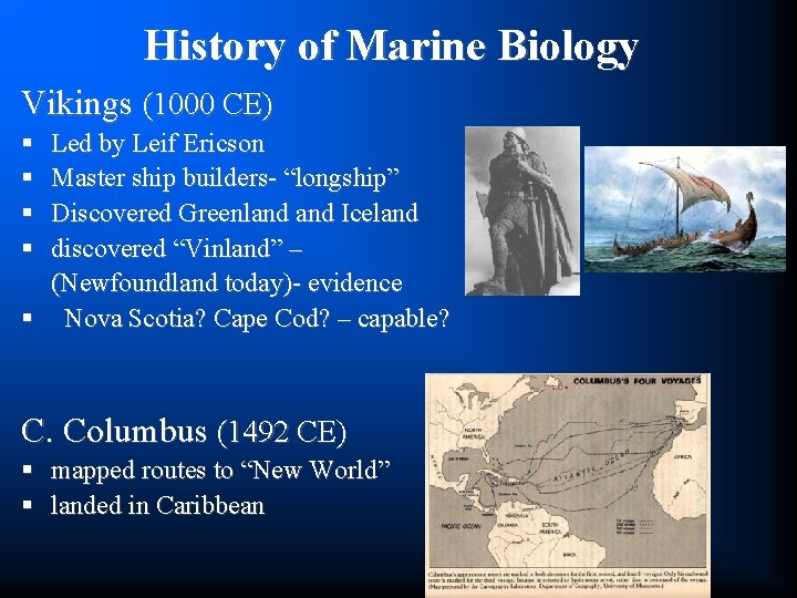 History of Marine Biology Vikings (1000 CE) § § Led by Leif Ericson Master