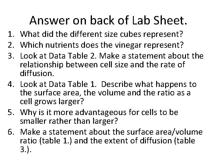 Answer on back of Lab Sheet. 1. What did the different size cubes represent?