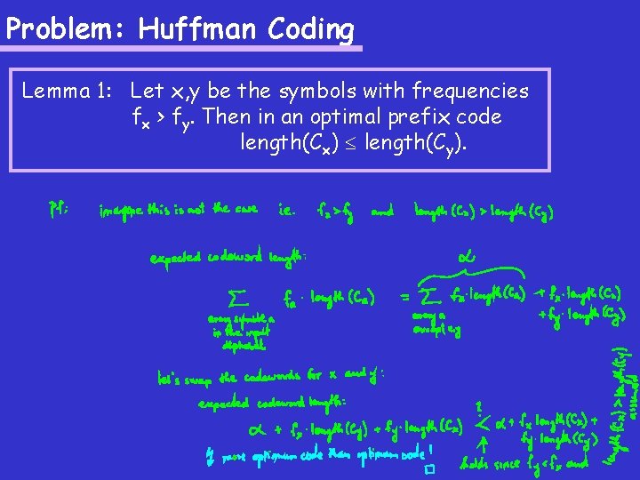 Problem: Huffman Coding Lemma 1: Let x, y be the symbols with frequencies fx