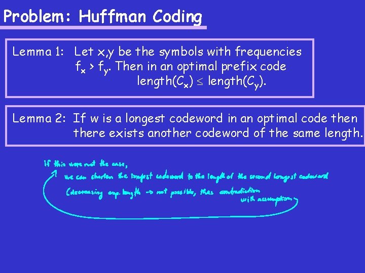 Problem: Huffman Coding Lemma 1: Let x, y be the symbols with frequencies fx Problem: Huffman Coding Lemma 1: Let x, y be the symbols with frequencies fx