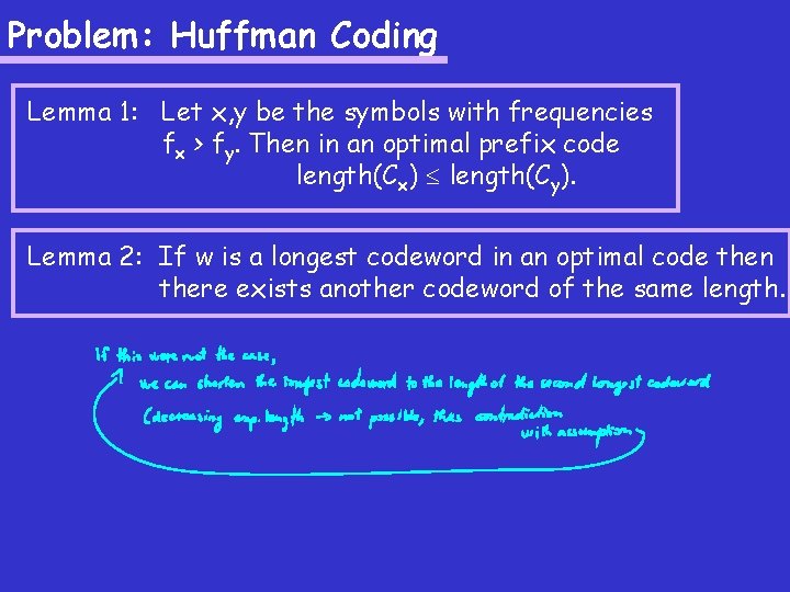 Problem: Huffman Coding Lemma 1: Let x, y be the symbols with frequencies fx