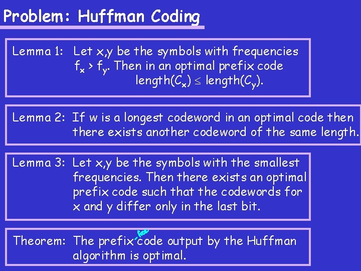 Problem: Huffman Coding Lemma 1: Let x, y be the symbols with frequencies fx