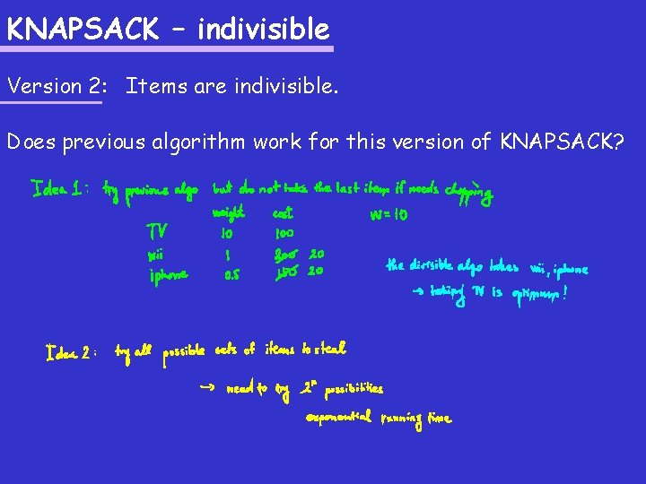 KNAPSACK – indivisible Version 2: Items are indivisible. Does previous algorithm work for this