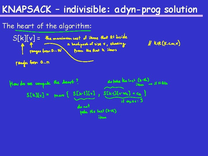 KNAPSACK – indivisible: a dyn-prog solution The heart of the algorithm: S[k][v] = 