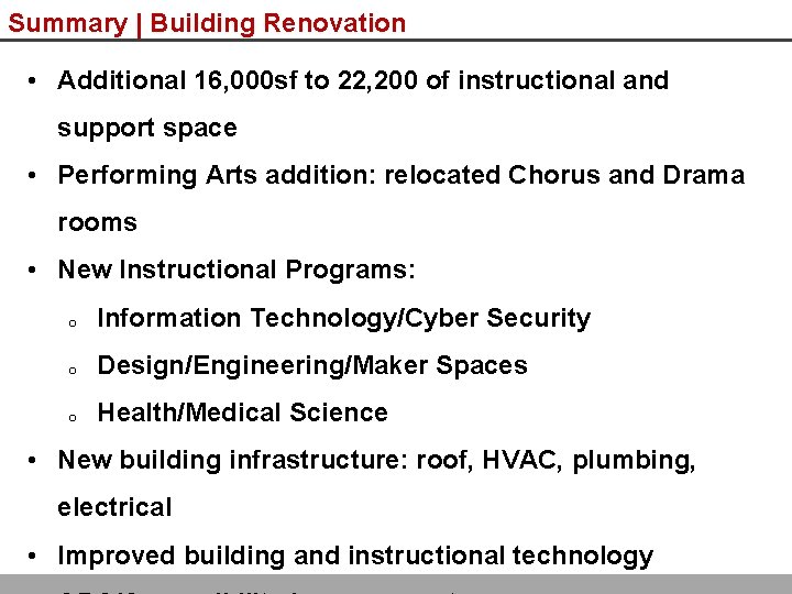 Summary | Building Renovation • Additional 16, 000 sf to 22, 200 of instructional