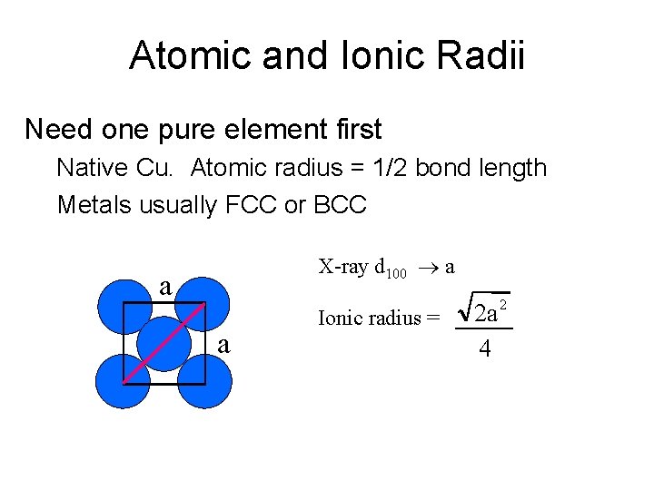 Atomic and Ionic Radii Need one pure element first Native Cu. Atomic radius =