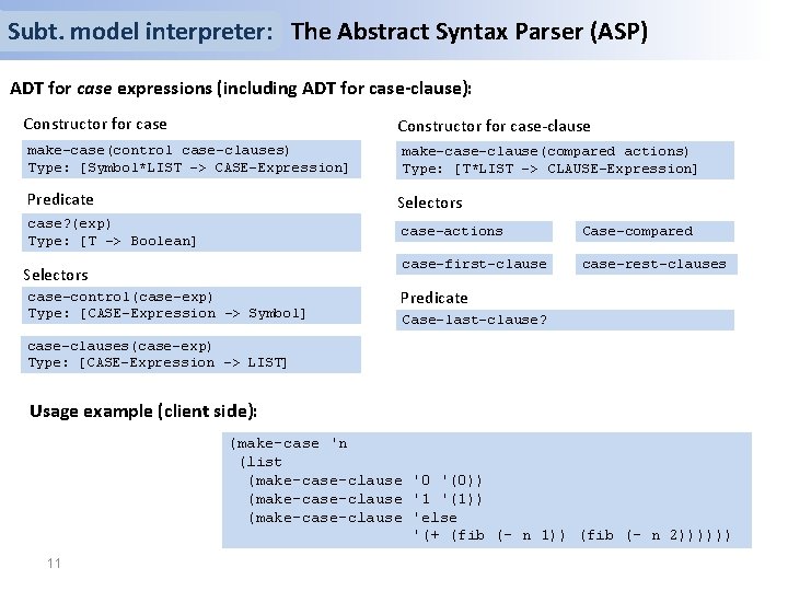 Subt. model interpreter: The Abstract Syntax Parser (ASP) ADT for case expressions (including ADT