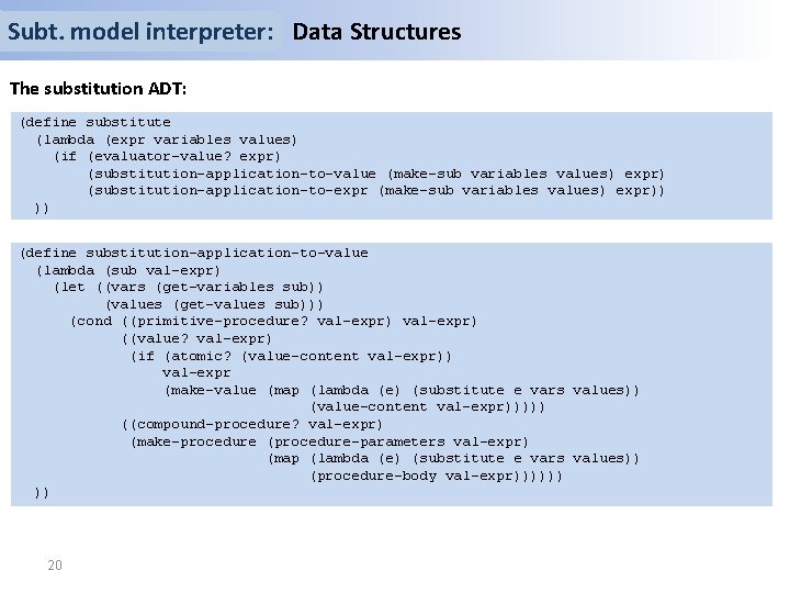 Subt. model interpreter: Data Structures The substitution ADT: (define substitute (lambda (expr variables values)