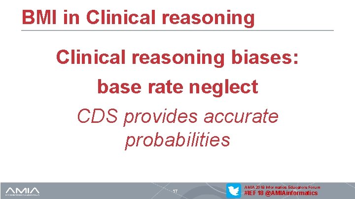 BMI in Clinical reasoning biases: base rate neglect CDS provides accurate probabilities 17 AMIA
