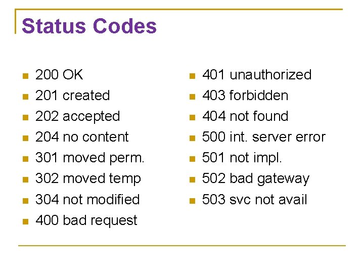 Status Codes 200 OK 201 created 202 accepted 204 no content 301 moved perm.