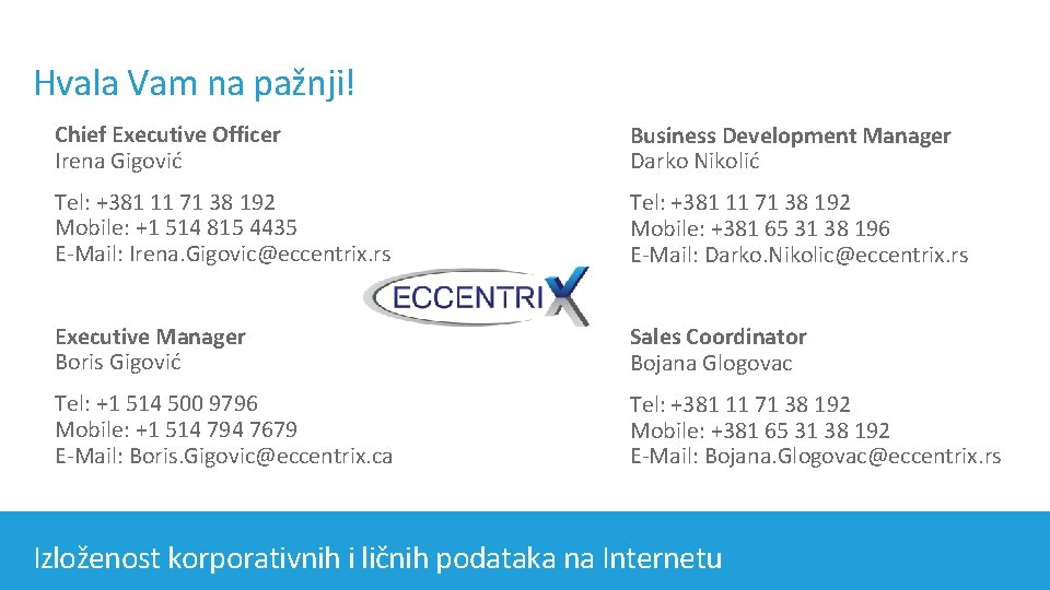 Hvala Vam na pažnji! Chief Executive Officer Irena Gigović Business Development Manager Darko Nikolić