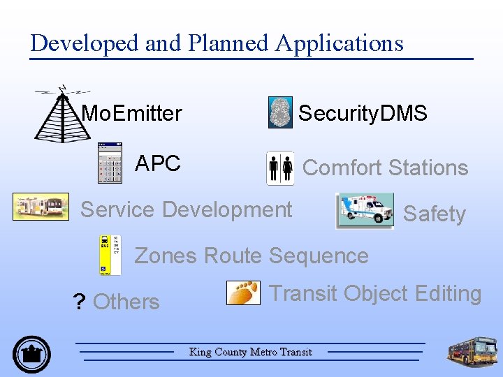 Developed and Planned Applications Security. DMS Mo. Emitter APC Comfort Stations Service Development Safety