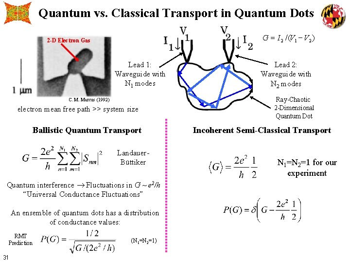 Quantum vs. Classical Transport in Quantum Dots G = I 2 /(V 1 -