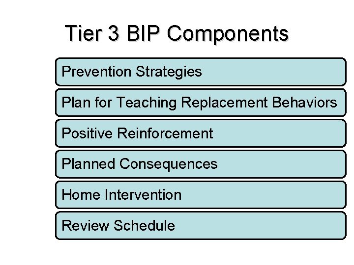 Tier 3 BIP Components Prevention Strategies Plan for Teaching Replacement Behaviors Positive Reinforcement Planned