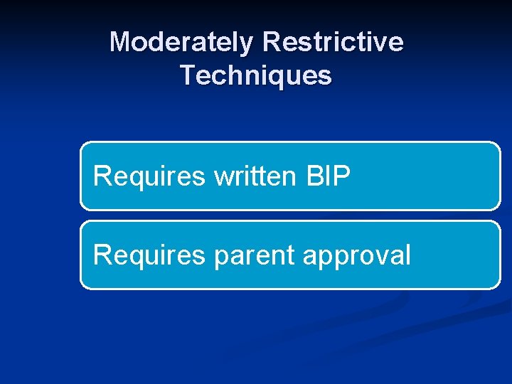 Moderately Restrictive Techniques Requires written BIP Requires parent approval 