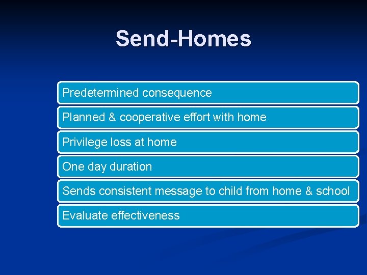 Send-Homes Predetermined consequence Planned & cooperative effort with home Privilege loss at home One