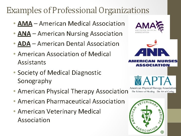 Examples of Professional Organizations • AMA – American Medical Association • ANA – American