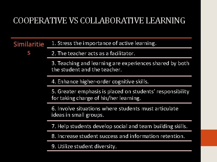 COOPERATIVE VS COLLABORATIVE LEARNING Similaritie s 1. Stress the importance of active learning. 2.