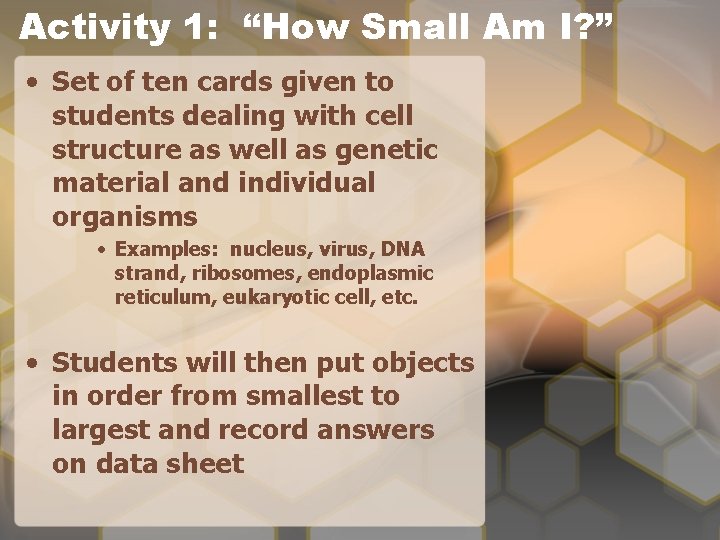 Activity 1: “How Small Am I? ” • Set of ten cards given to