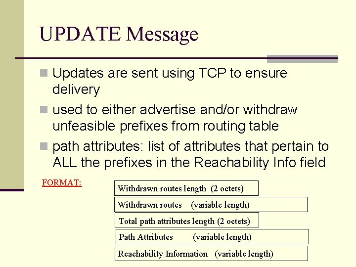 UPDATE Message n Updates are sent using TCP to ensure delivery n used to
