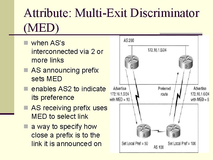 Attribute: Multi-Exit Discriminator (MED) n when AS’s n n interconnected via 2 or more Attribute: Multi-Exit Discriminator (MED) n when AS’s n n interconnected via 2 or more