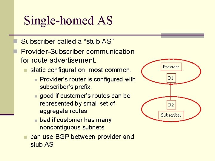 Single-homed AS n Subscriber called a “stub AS” n Provider-Subscriber communication for route advertisement: Single-homed AS n Subscriber called a “stub AS” n Provider-Subscriber communication for route advertisement: