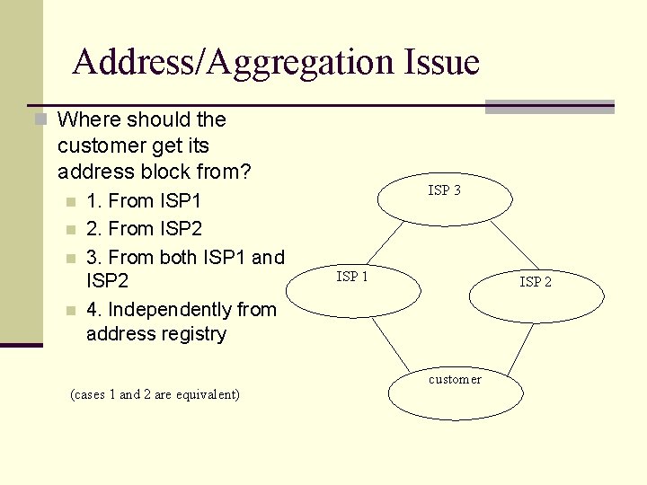 Address/Aggregation Issue n Where should the customer get its address block from? n n Address/Aggregation Issue n Where should the customer get its address block from? n n