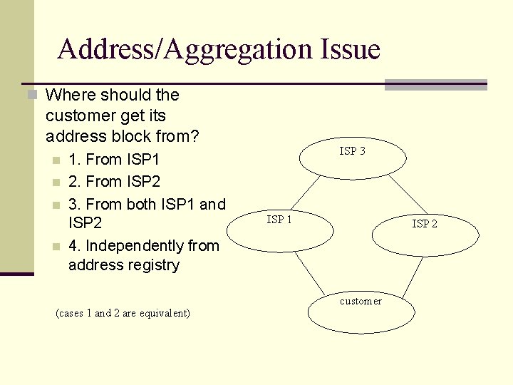 Address/Aggregation Issue n Where should the customer get its address block from? n n