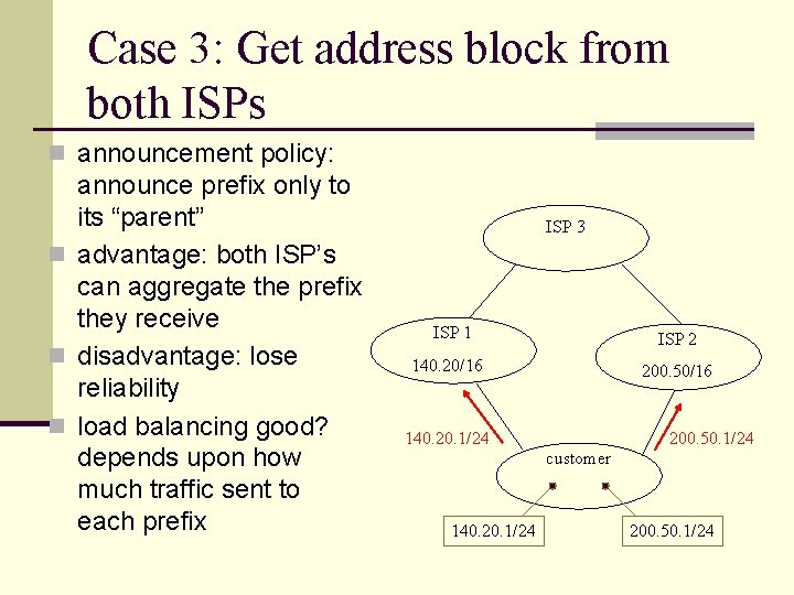 Case 3: Get address block from both ISPs n announcement policy: announce prefix only