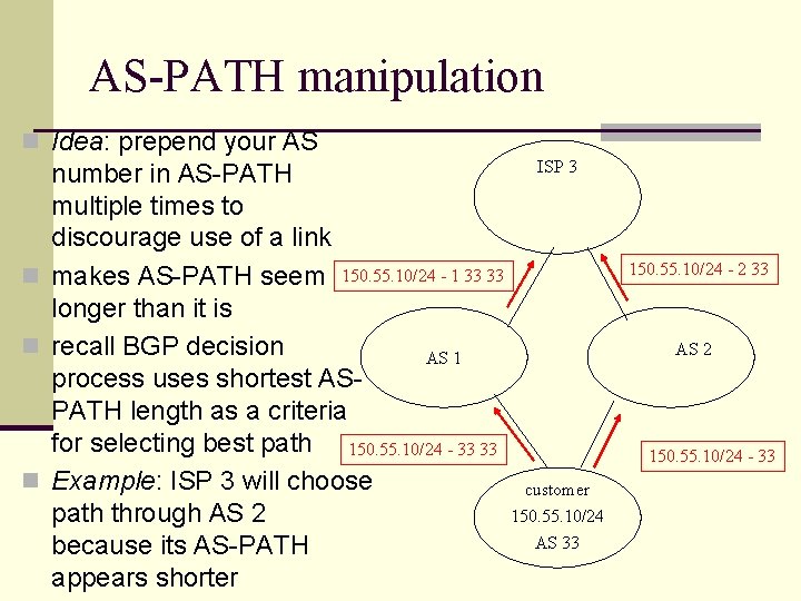 AS-PATH manipulation n Idea: prepend your AS ISP 3 number in AS-PATH multiple times