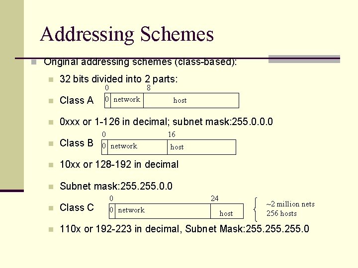 Addressing Schemes n Original addressing schemes (class-based): n 32 bits divided into 2 parts: