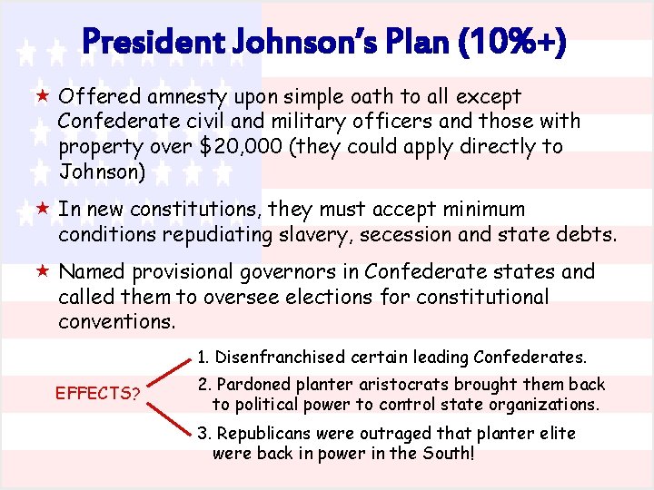 President Johnson’s Plan (10%+) « Offered amnesty upon simple oath to all except Confederate
